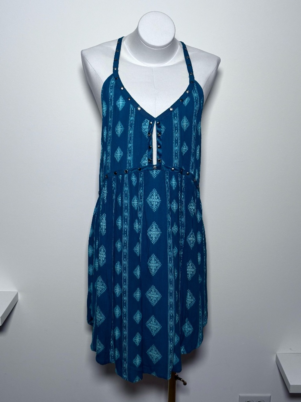 Amuse Society Turquoise Boho Tank Dress Studded T-Back Viscose Large